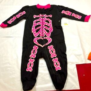 Skeleton baby 6-9 months BLACK footed zip outfit, PINK SKELETON hearts, girlie
